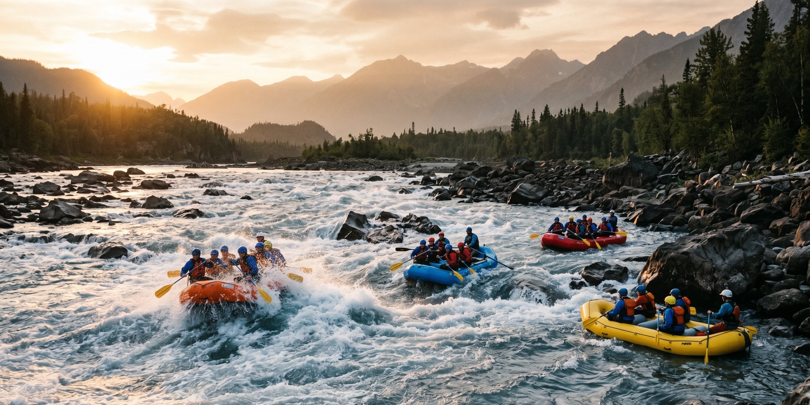 Multiple rafts of paddlers descending whitewater rapids together at sunset, mountains beyond.