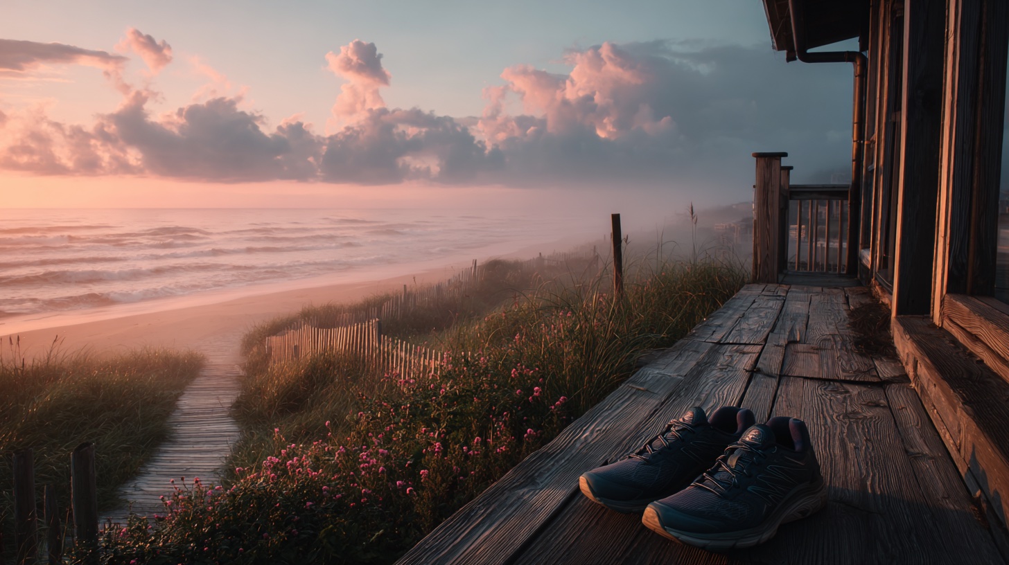 Running shoes on a weathered wooden deck at dawn, with a path through dunes leading to a fog-softened sea.