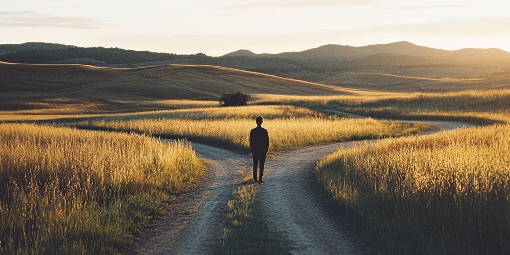 A lone figure standing at a fork in a dirt path through golden fields at sunset.