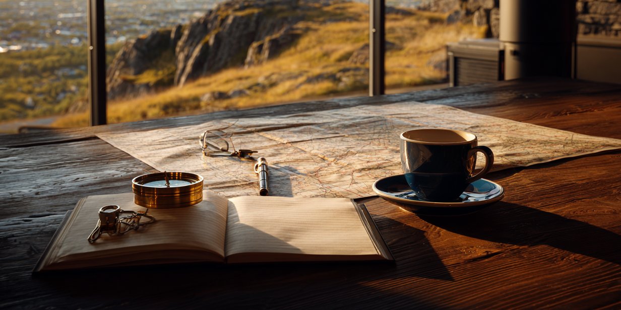 An open notebook, brass compass, reading glasses and a coffee cup on a wooden desk, with a window beyond looking out over a rocky coastal landscape in golden light.
